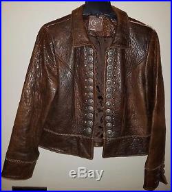 Womens M Double D Ranch Wear Western Distressed Brown Leather Jacket Studded