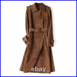 Womens Mid Long Real Suede Leather Overcoat Coat Jacket Belt Retro Western Style