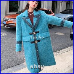 Womens Mid Long Trench Coat Jacket Overcoat Lapel Collar Loose Fit Faux Woolen M