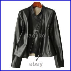 Womens Motorcycle Jacket Zipper Real Leather Short Coat Stand Collar Slim Fit XL