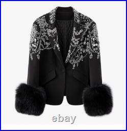 Womens One Button Long Sleeved Suit Collar Black Plush Slim Fit Cotton Jacket