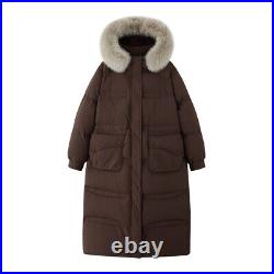 Womens Real Fox Fur Collar Hood Long Coat Down Jacket Overcoats Loose Fit Winter