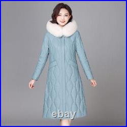 Womens Real Fox Fur Collar Hood Warm Down Jacket Mid Long Coat Overcoat Slim Fit