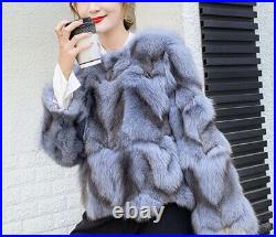 Womens Real Fox Fur Jackets Coats Outwear Thicken Casual Round Neck S-3XL Warm