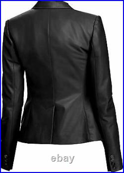 Womens Real Leather Designer Coat Pure Lambskin Black Three Button Blazer Jacket