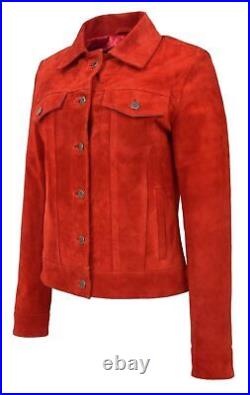 Womens Real Suede Trucker Jacket Western Style Red Biker Jacket Jean Button Coat