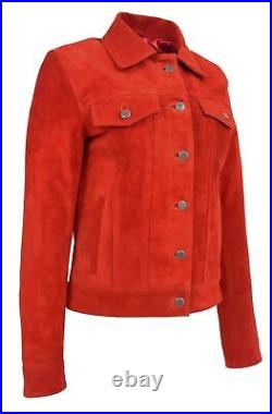 Womens Real Suede Trucker Jacket Western Style Red Biker Jacket Jean Button Coat