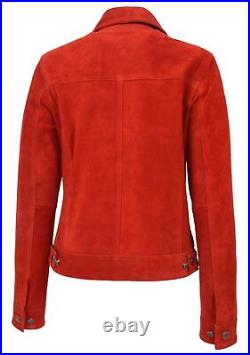 Womens Real Suede Trucker Jacket Western Style Red Biker Jacket Jean Button Coat