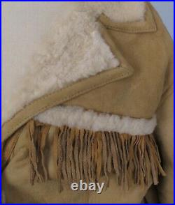 Womens Small Eddie Bauer Sheepskin Shearling Wool Jacket Coat Western Fringe Tan