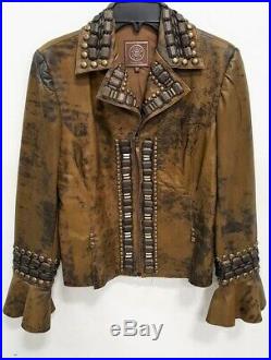 Womens Sz M Double D Ranch Wear Western Distressed Brown Leather Jacket Studded