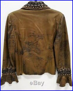 Womens Sz M Double D Ranch Wear Western Distressed Brown Leather Jacket Studded