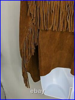Womens Vintage Tan Brown Suede Leather Jacket Native Fringe Western Style Coat