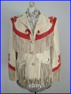 Womens Western Coat Cream Suede Leather Fringe Native American Cowboy Jacket New