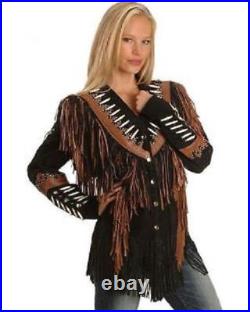 Womens Western Jacket 1980's Style Suede Leather Wear Cowboy Fringe Beads Coats