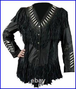 Womens Western Jacket Black Cowhide Leather Cowboy Fringe Bone American Coat New