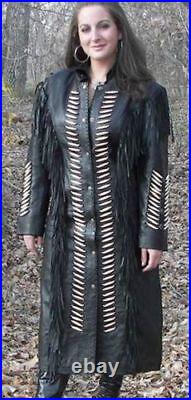 Womens Western Jacket Black Cowhide Leather Fringed Bones Long Coat US XS to 4XL
