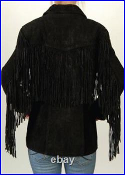 Womens Western Jacket Traditional Cowboy Suede Leather 1980's Style Fringed Coat