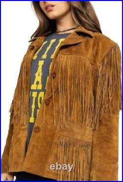 Womens Western Leather Suede Cowgirl Brown Native American Fringes Tassel Jacket