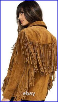 Womens Western Leather Suede Cowgirl Brown Native American Fringes Tassel Jacket