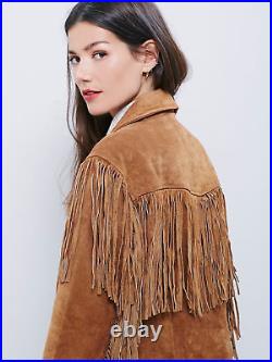 Womens Western Wear Jacket Brown Suede Leather Fringed Handmade Ladies Coats New