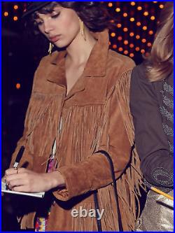 Womens Western Wear Jacket Brown Suede Leather Fringed Handmade Ladies Coats New