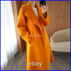 Womens Woolen Mid Long Trench Coat Jacket Overcoat Lapel Collar Loose Fit Pocket