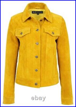 Womens Yellow Suede Trucker Jacket Girls American Western Denim Biker Style Coat