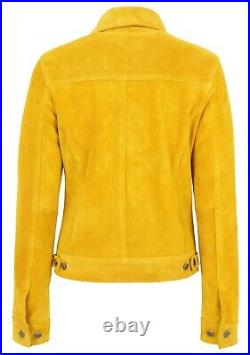 Womens Yellow Suede Trucker Jacket Girls American Western Denim Biker Style Coat