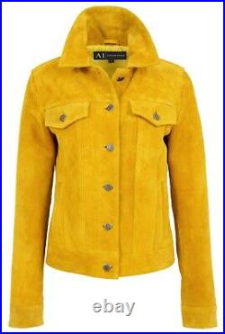 Womens Yellow Suede Trucker Jacket Girls American Western Denim Biker Style Coat