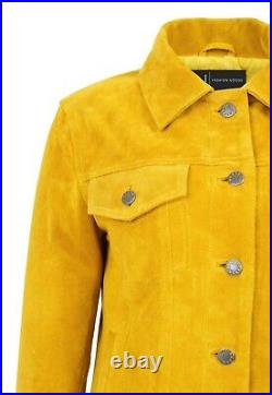 Womens Yellow Suede Trucker Jacket Girls American Western Denim Biker Style Coat