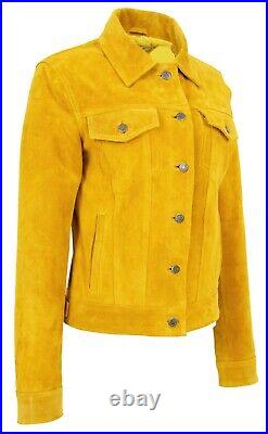 Womens Yellow Suede Trucker Jacket Girls American Western Denim Biker Style Coat