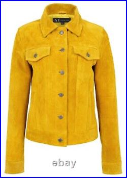 Womens Yellow Suede Trucker Jacket Girls American Western Denim Biker Style Coat