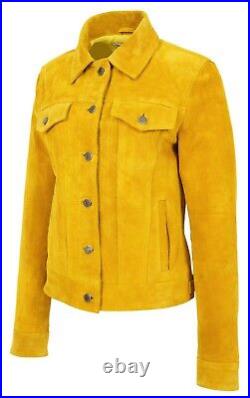 Womens Yellow Suede Trucker Jacket Girls American Western Denim Biker Style Coat