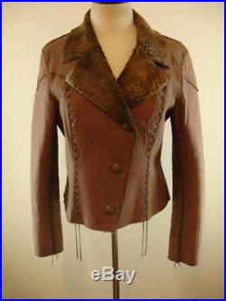 Womens sz L Double D Ranch Wear Western Brown Leather Jacket Reversible Faux Fur