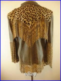 Womens sz M Double D Ranch Wear western brown leather jacket fringe leopard hair