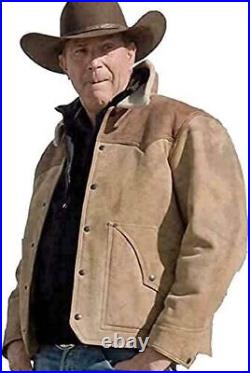 Yellowstone Kevin Costner John Dutton Beige Suede Leather Jacket with Fur Collar