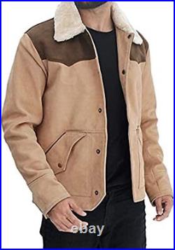 Yellowstone Kevin Costner John Dutton Beige Suede Leather Jacket with Fur Collar