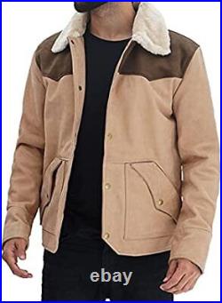 Yellowstone Kevin Costner John Dutton Beige Suede Leather Jacket with Fur Collar