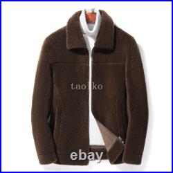 Zipper Mens Lapel Collar Short Real Wool Lamb Fur Shearling Coat Parka Jacket SZ